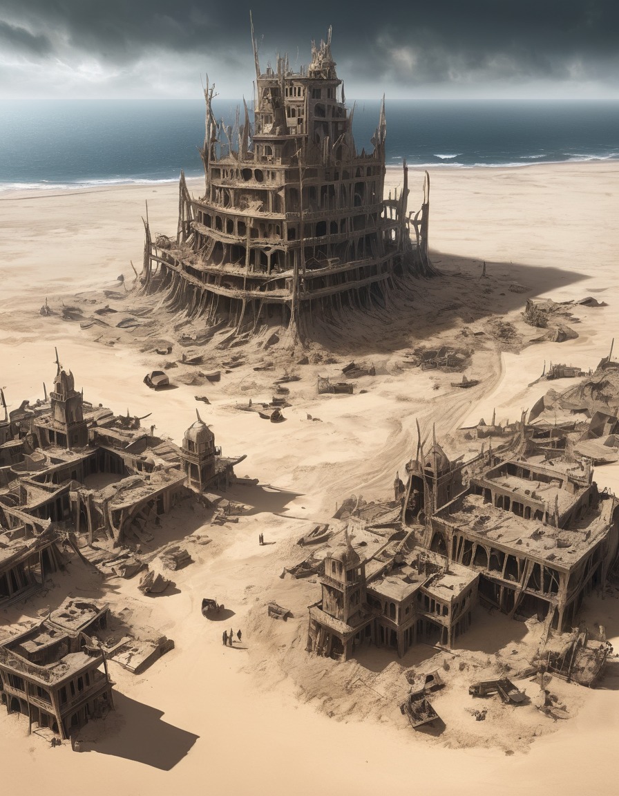 fantasy, fortress, ruins, sand, desolation, mad max