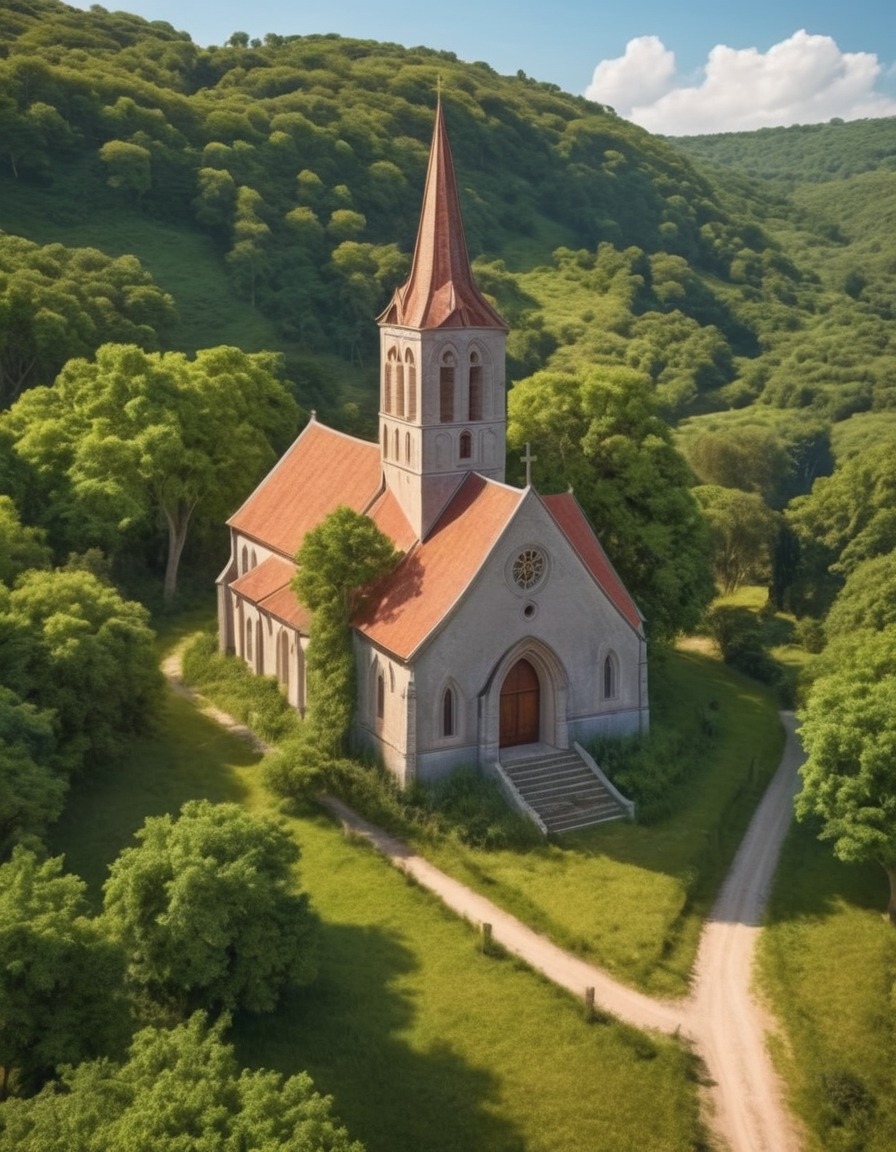 landscape, rural church, romanesque architecture, lush greenery, architecture