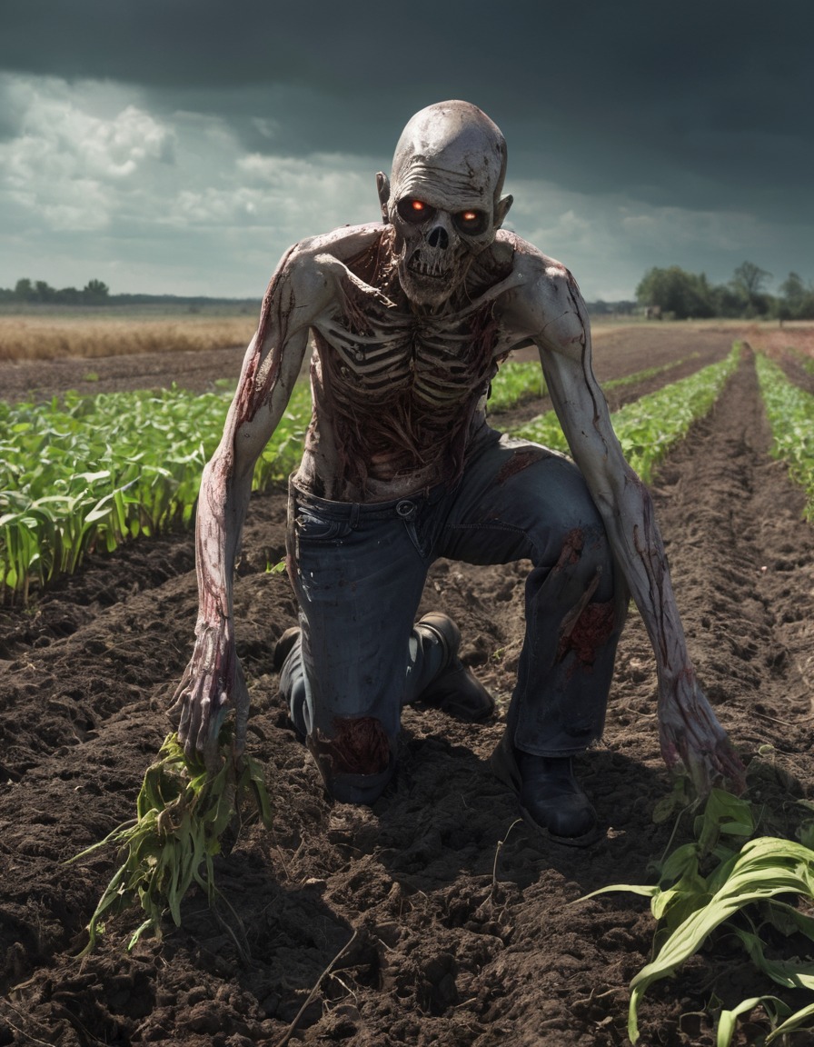 zombie, farmer, field, crops