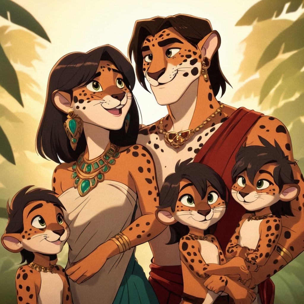 cartoon, digitalart, fanart, characterdesign, feline, jungle, anthro, aztec, family, fantasy, jagaur, mesoamerica