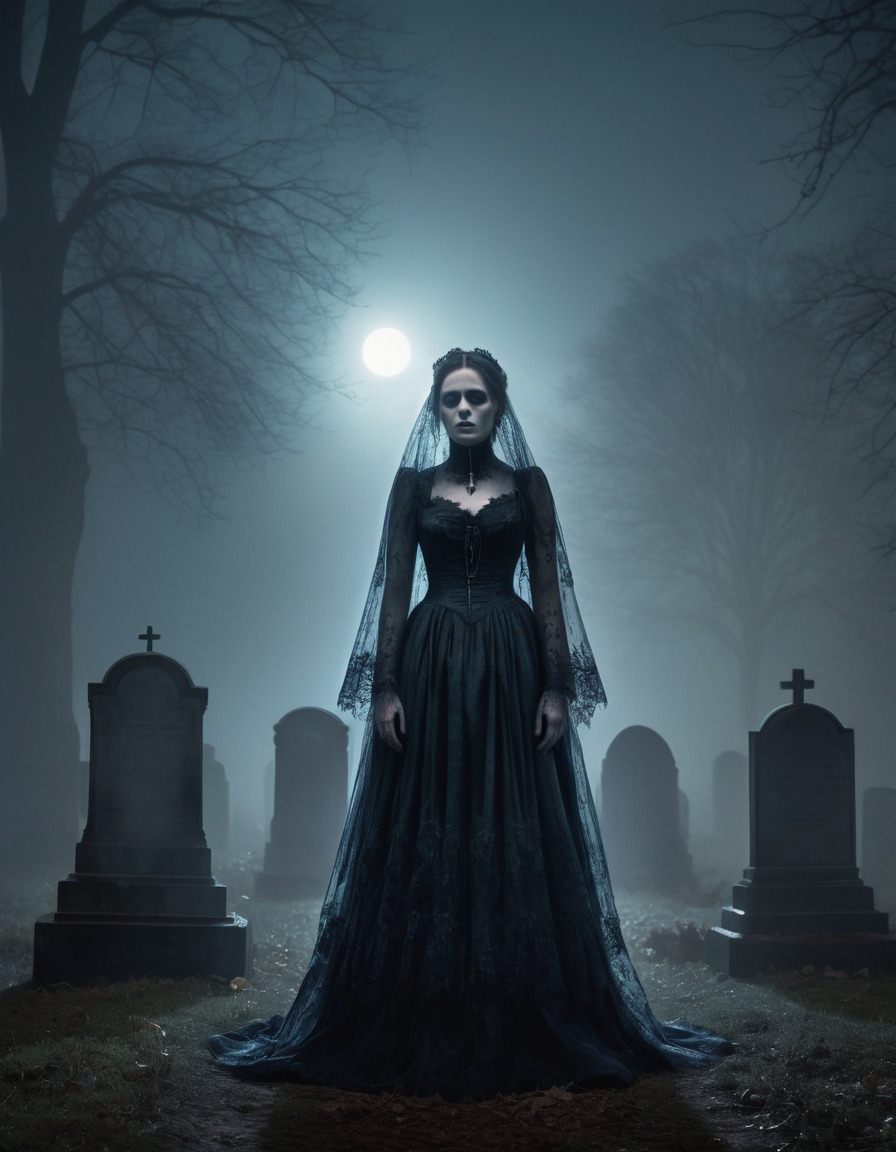 ghost, apparition, victorian, gown, misty, graveyard, midnight, gothic, underground, dark