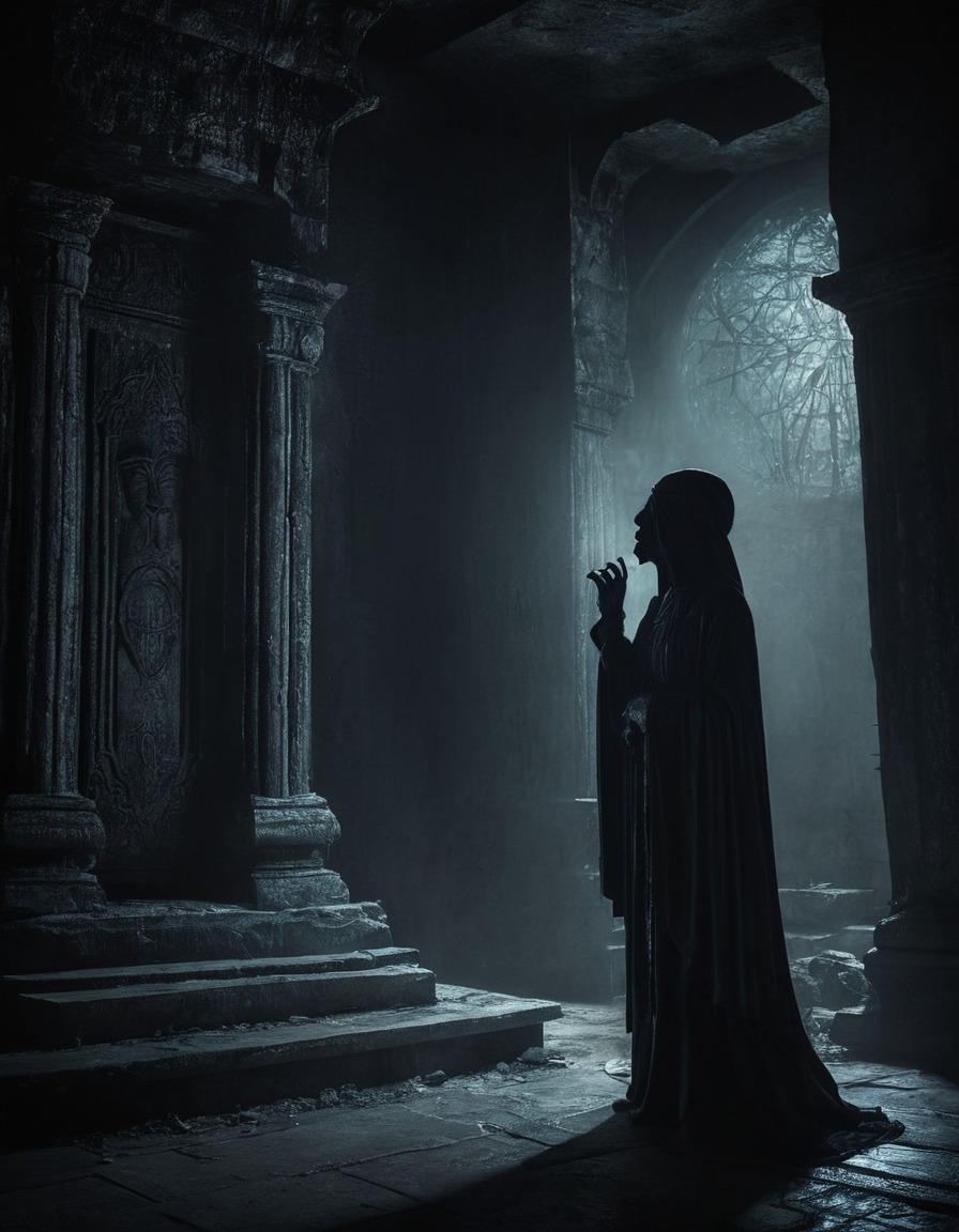 mystical, shadowy figure, prophecies, forgotten temple