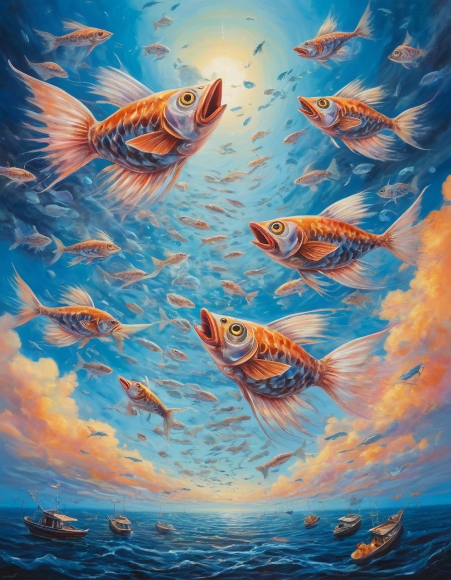 nature, surreal, flying fish, sky