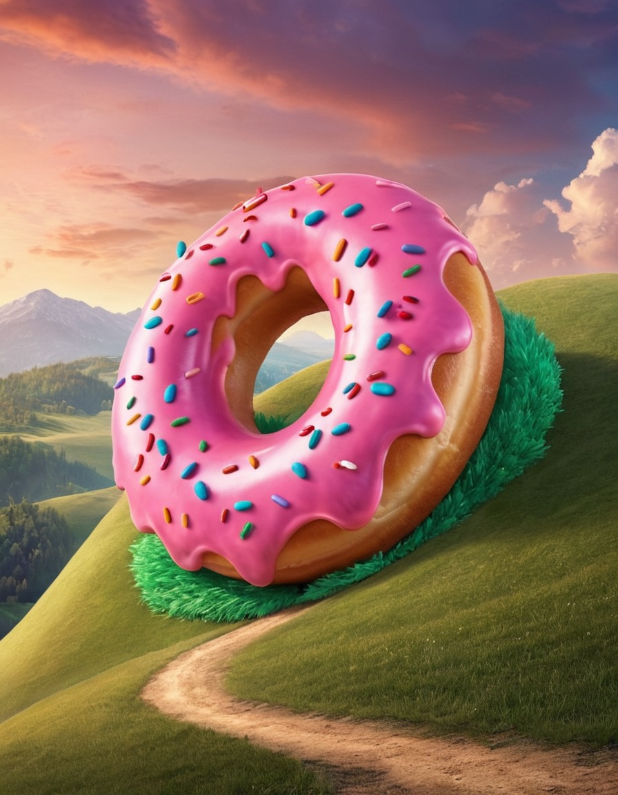 giant donut, rolling, hill, strange occurrence, quirky, unexpected, bizarre