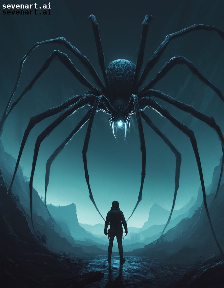 fantasy, horror, giant spider, encounter, surreal, hallucination