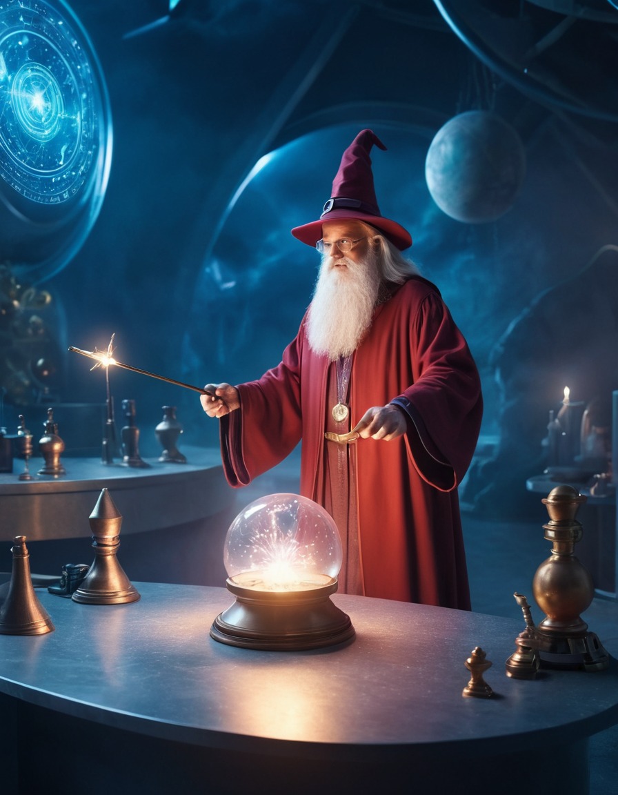 wizard, magic wand, spells, futuristic laboratory, science fiction, medieval, art