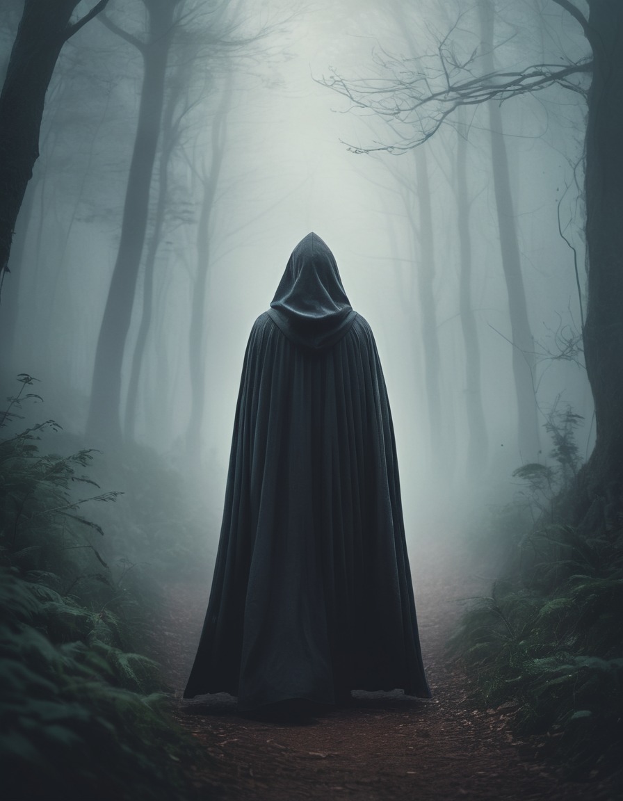 mysterious, cloaked figure, forest, medieval, misty, middle ages