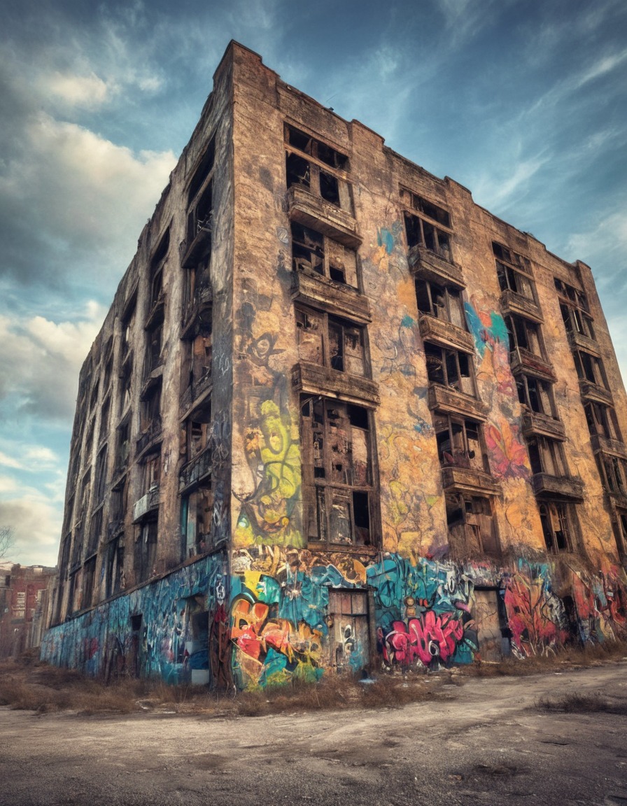 urban decay, graffiti, abandoned building, cityscape, desolate