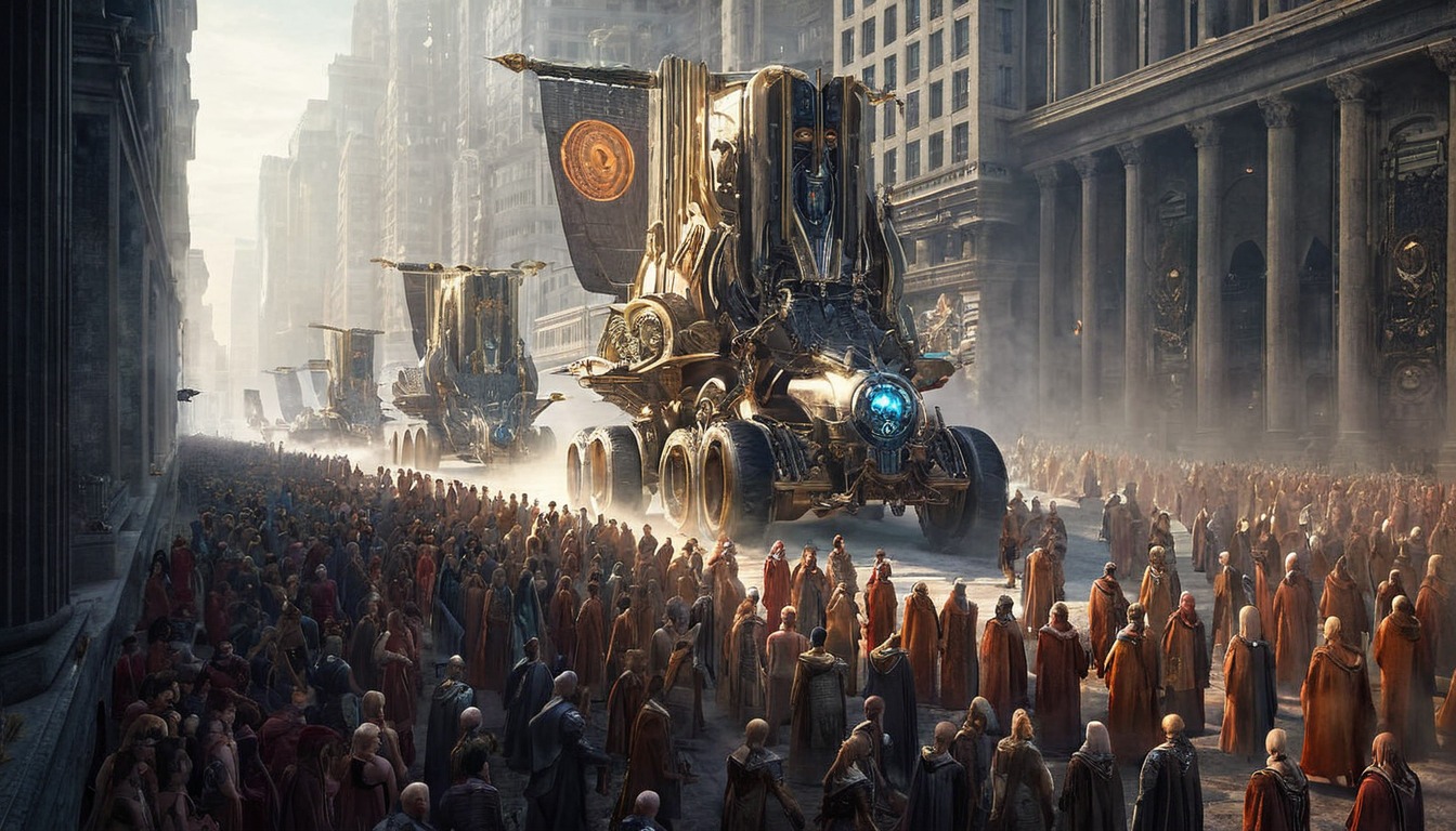 vehicle, digitalart, artifact, banner, car, ceremony, cityscape, crowd, dalle3, engine, fantasy, futuristic, machine, mask, parade, people, robes, street, aiart