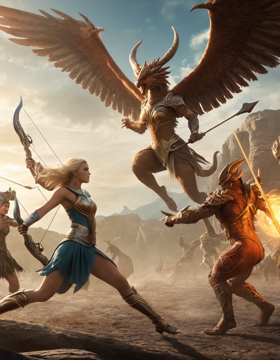 artemis, greek mythology, epic, fight scene, monsters, goddess, mythical creatures