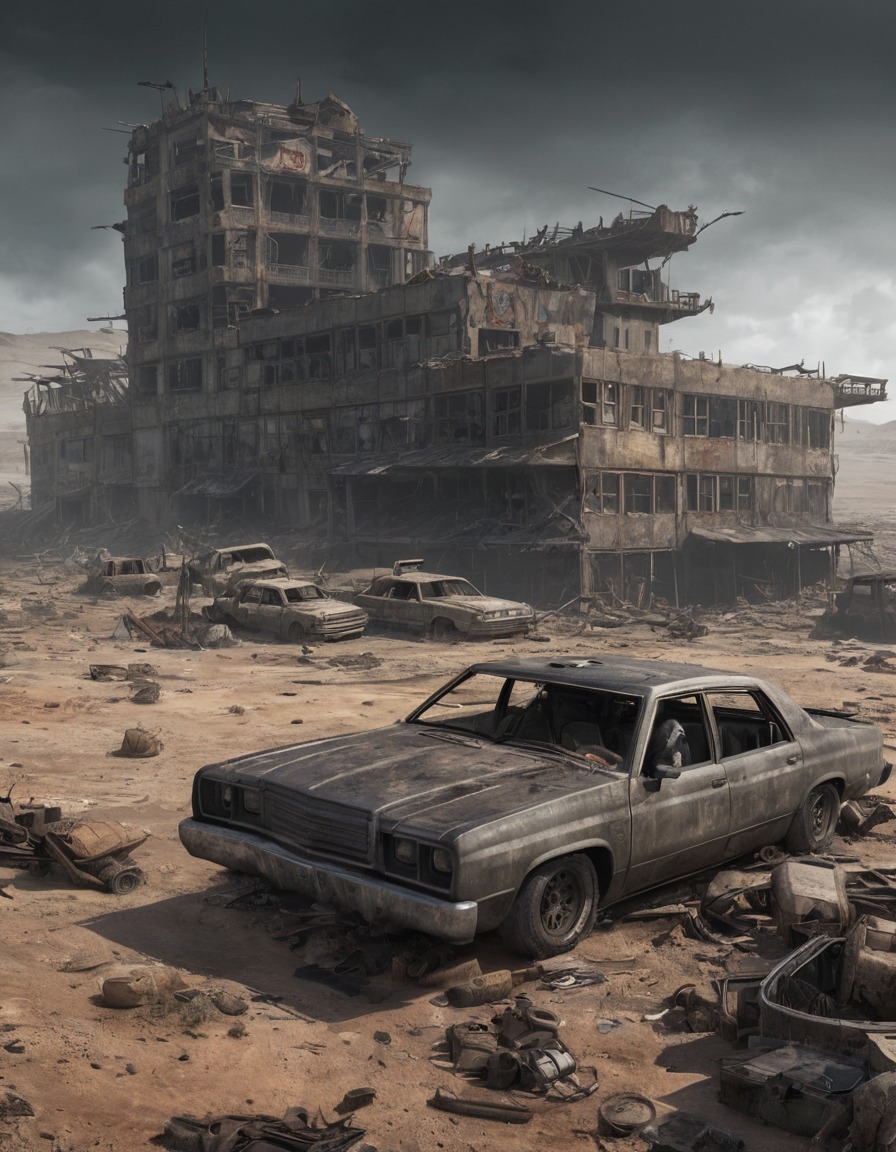 post-apocalyptic, wasteland, ruined buildings, vehicles, mad max