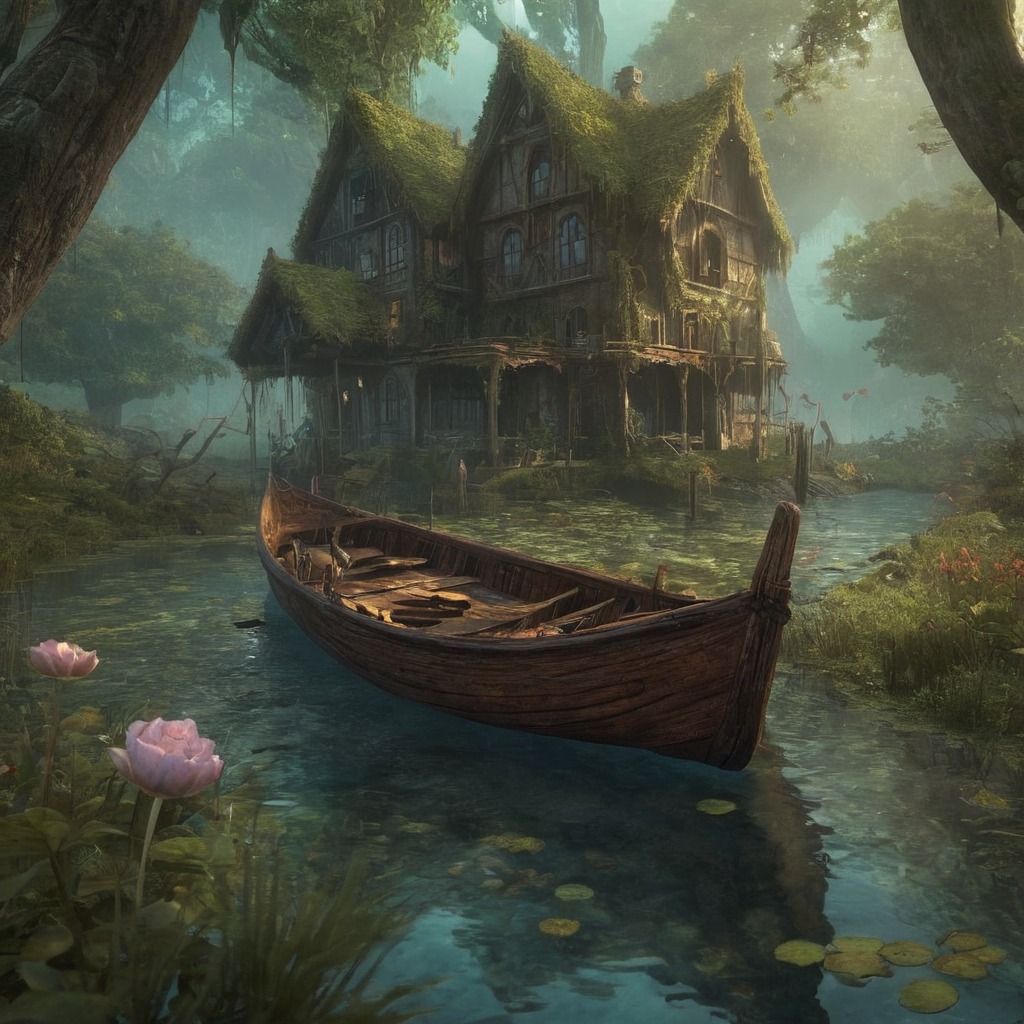 bayou, boat, dreamscape, flowers, house, landscape, lily, moss, scenery, swamp, trees, water