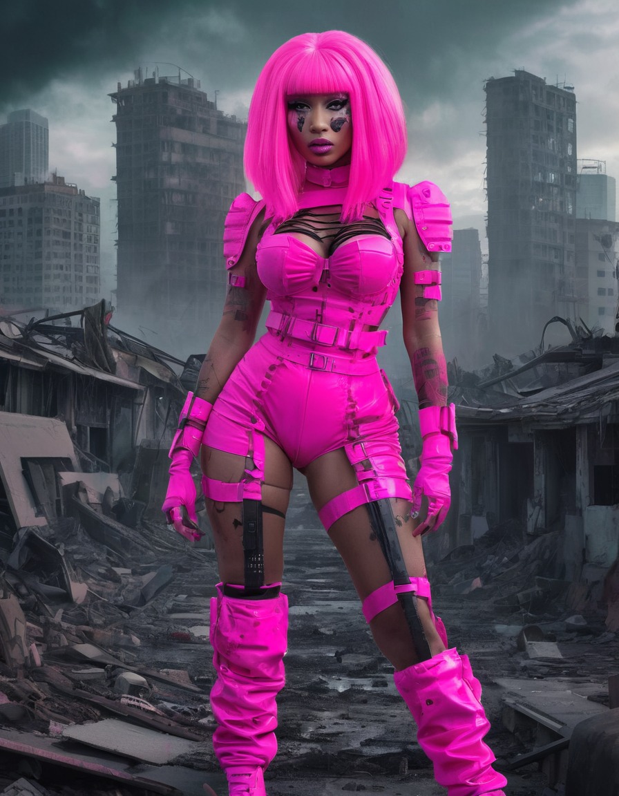 nicki minaj, neon pink wig, outrageous outfit, post-apocalyptic, cityscape, zombified, zombie, celebrities