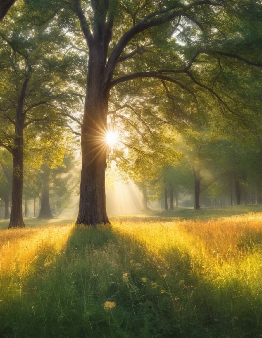 nature, sunlight, meadow, trees, tranquil