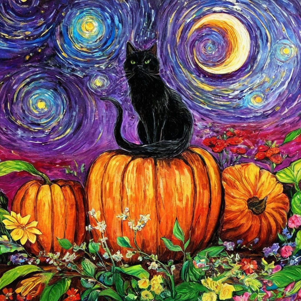 blackcat, cat, halloween, impasto, night, oil, oiloncanvas, painting, paletteknife, print, pumpkin, pumpkinpatch