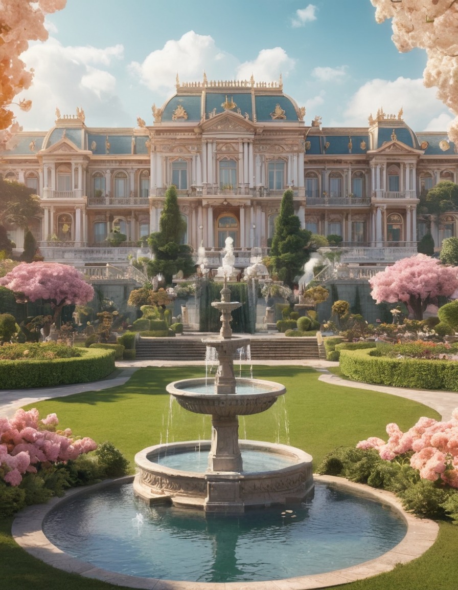 palace, ornate, gardens, fountains, bloom