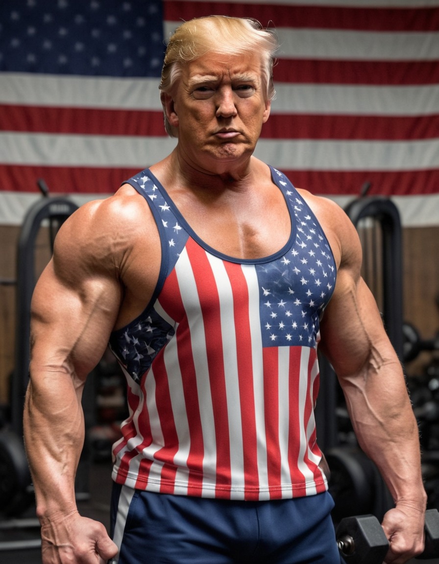 donald trump, bodybuilder, gym, tank top, american flag, muscle flexing