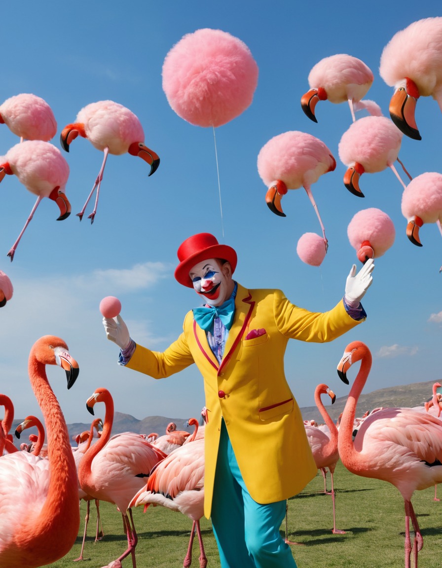 clown, juggling, flamingos, performance, circus, oddity