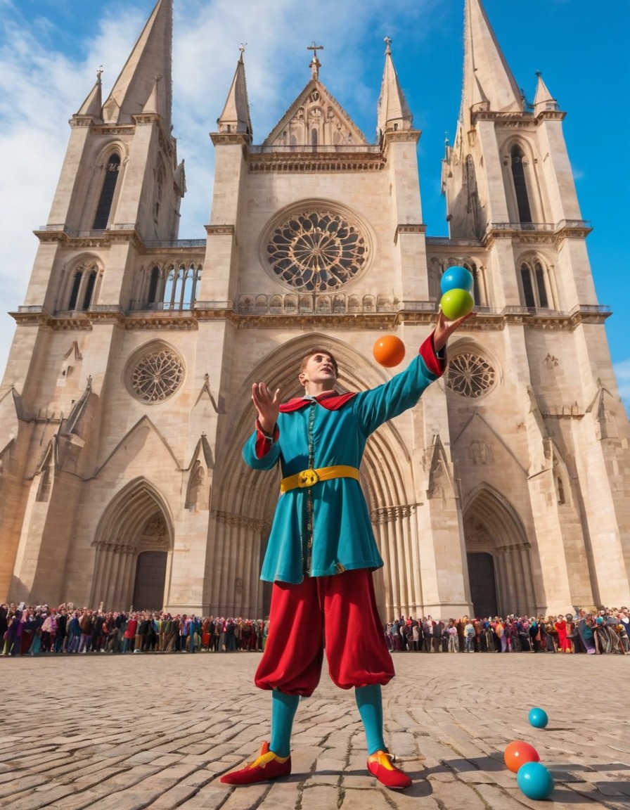 jester, juggling, colorful, plastic balls, medieval cathedral, medieval, art