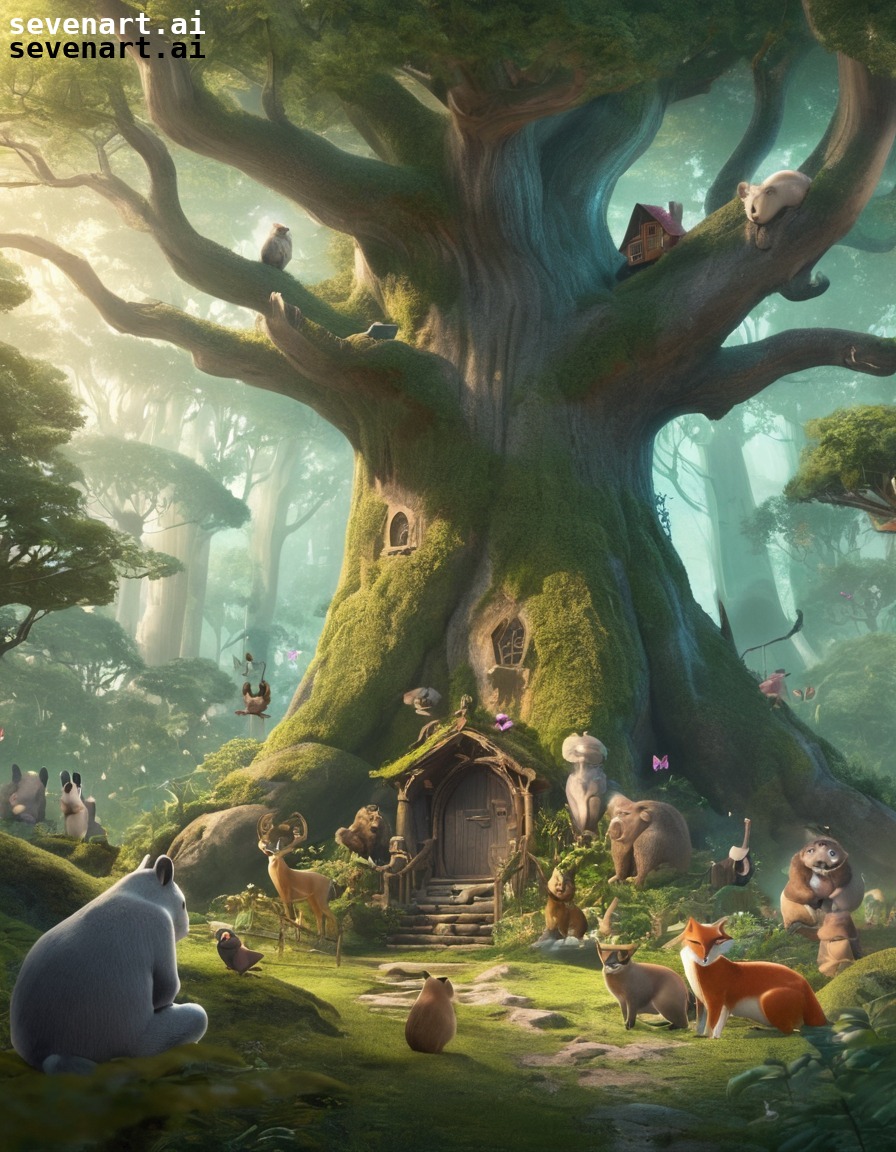 fantasy, whimsical, talking animals, magic, wise trees