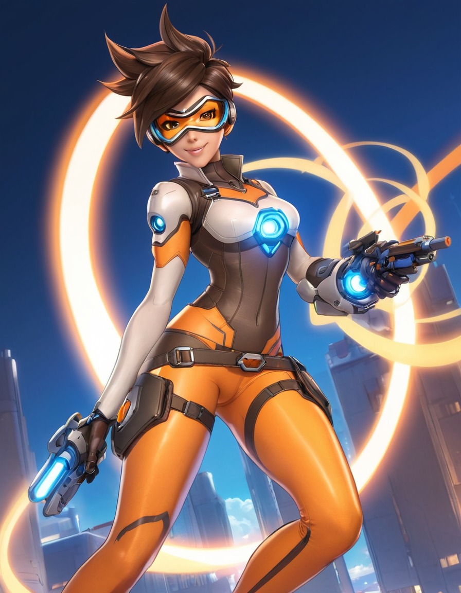 tracer, overwatch, video game, hero, futuristic, chronal accelerator, action, anime, games