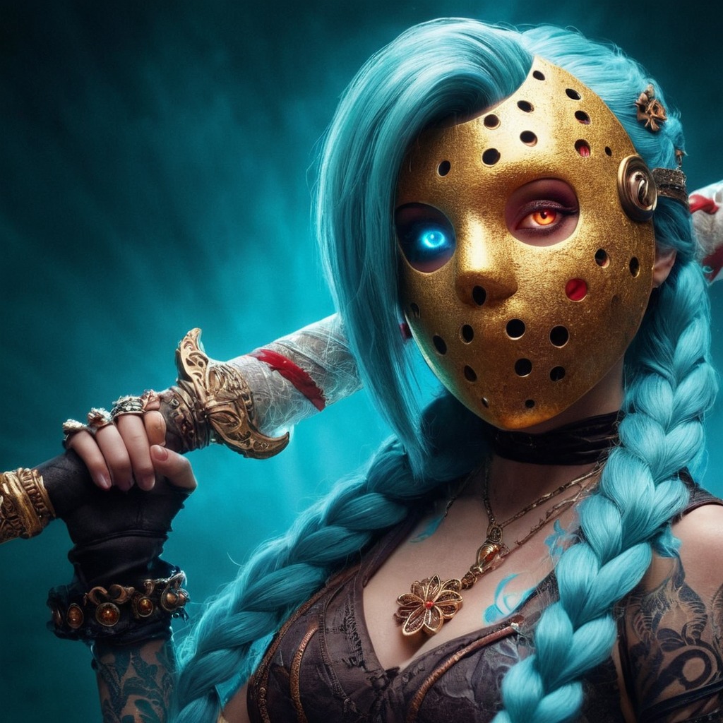 digitalart, videogamefanart, horror, cosplay, fridaythe13th, halloween, jasonvoorhees, jinx, leagueoflegends, jinxleagueoflegends, aiartwork