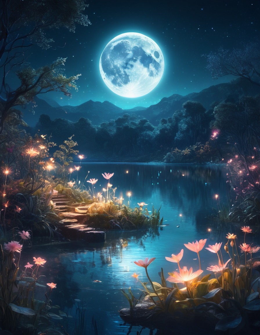 magical, lake, fairies, glowing, moonlit, fantastic