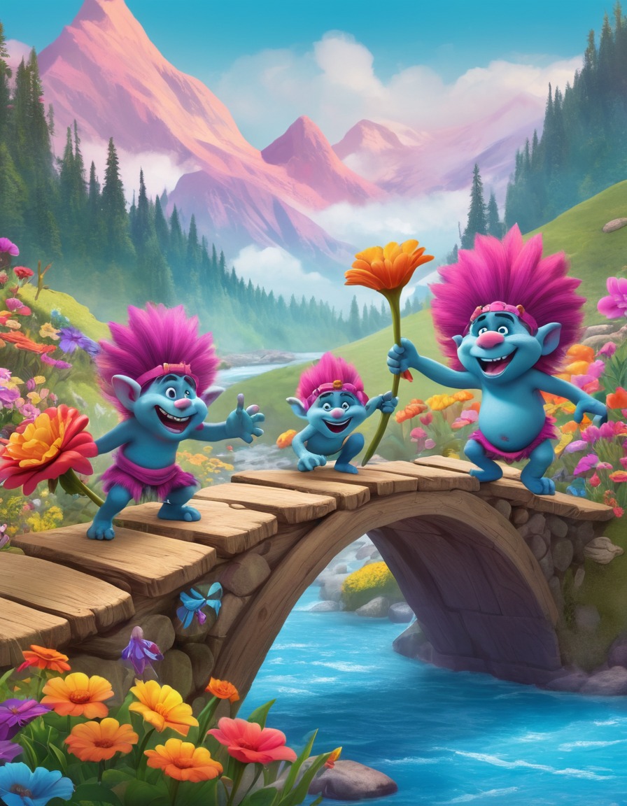 fantasy, trolls, bridge, flowers, teamwork, fantastic