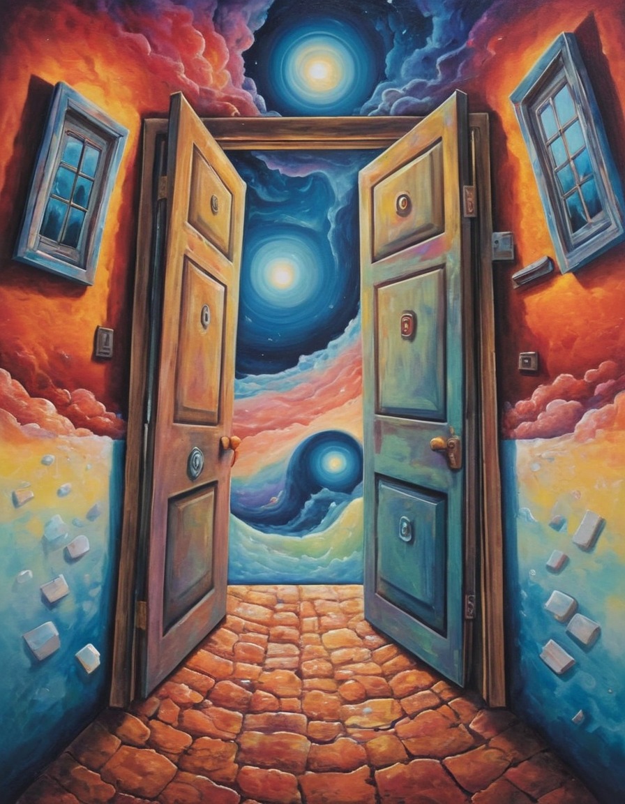 dimensions, house, doors, fantasy, magic, surreal