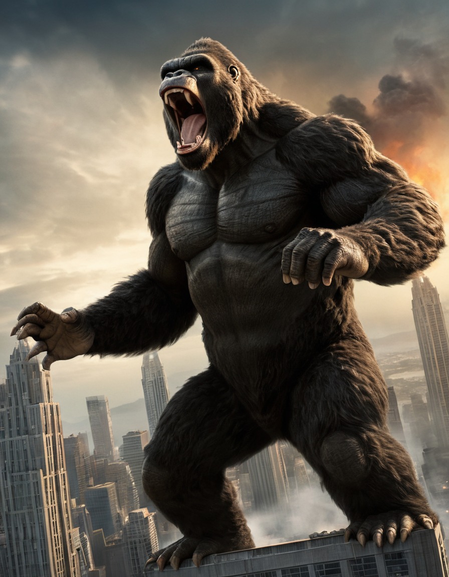 king kong, godzilla, skyscraper, battle, movie poster, kong