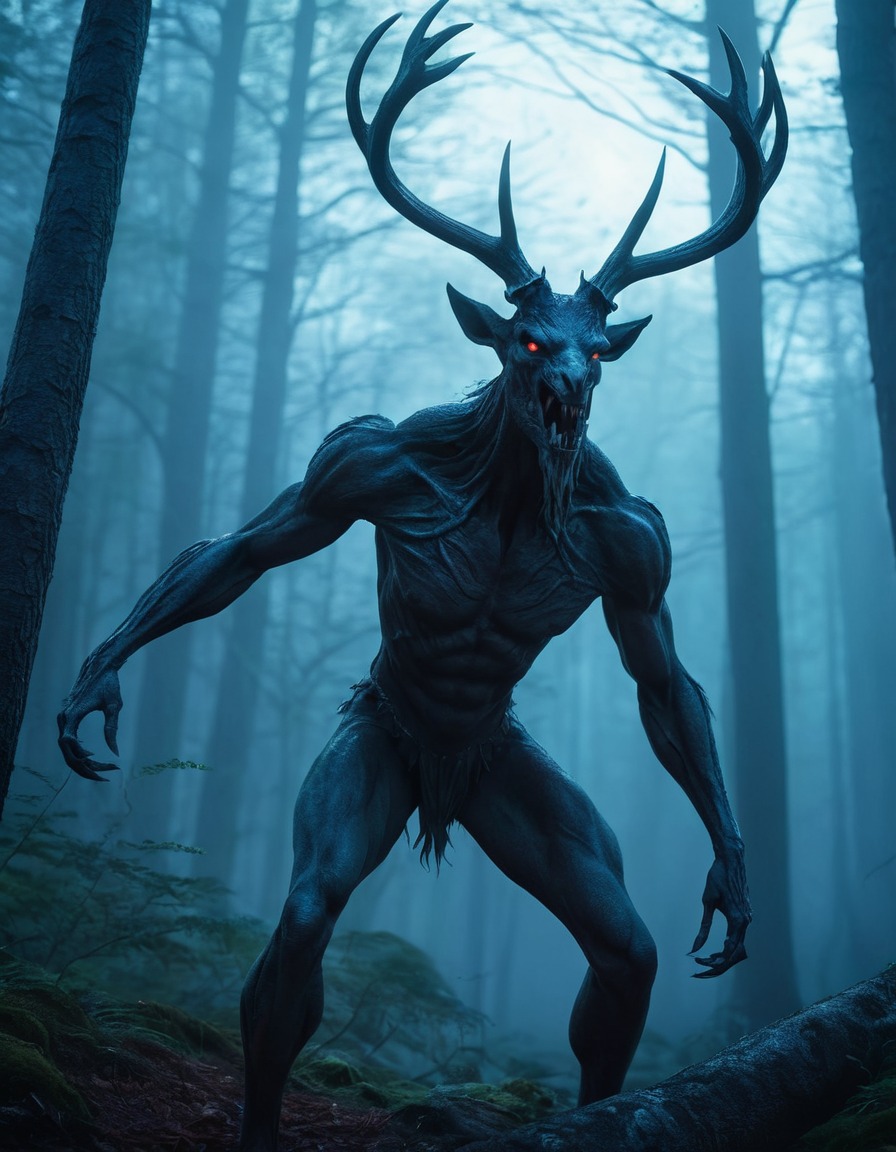 wendigo, mythical creature, mystical forest, dusk, supernatural, folklore