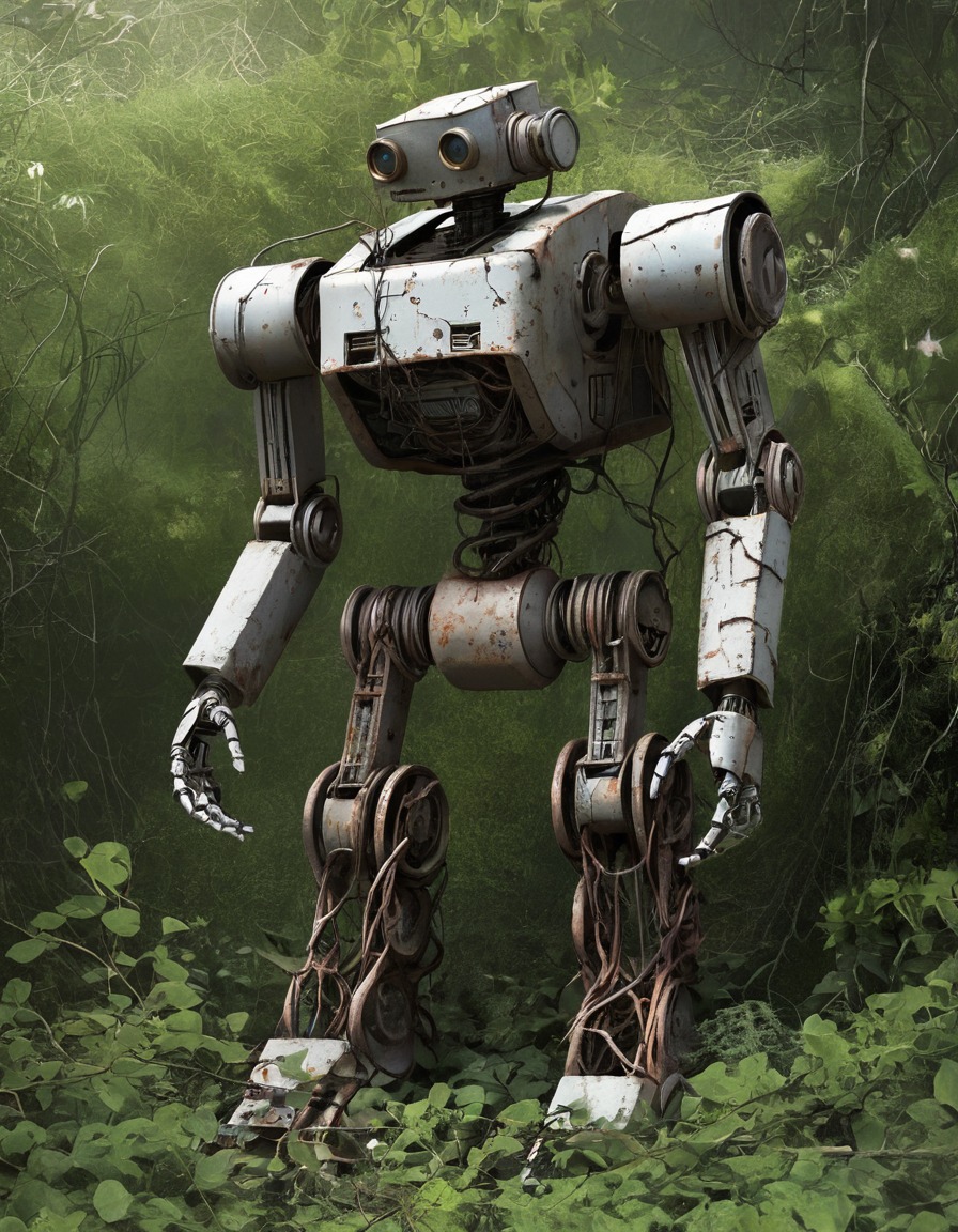 abandoned, rusty, robot, vines, post-apocalyptic, robots