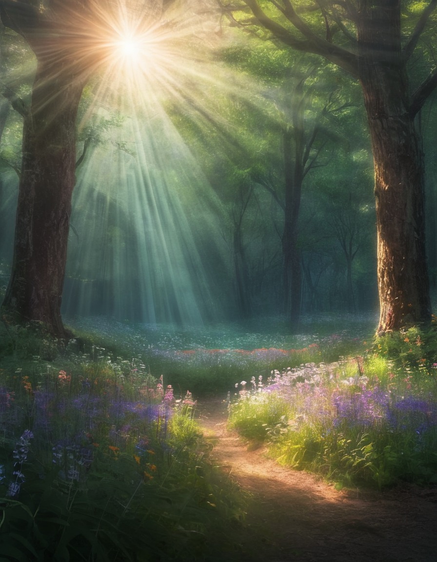 nature, forest, sunlight, wildflowers, serenity