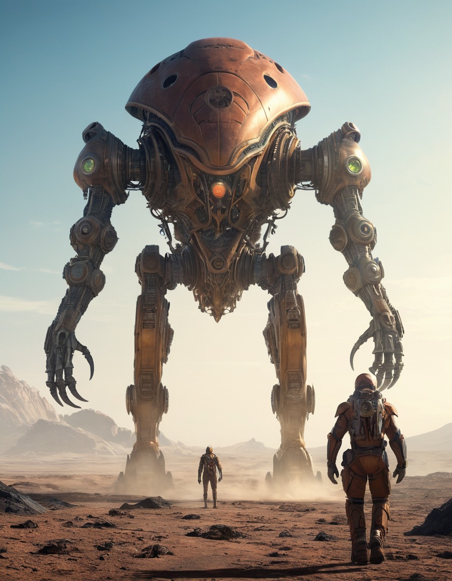 mechanical creature, alien landscape, science fiction, futuristic, extraterrestrial, aliens