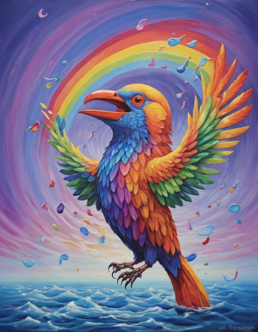 bird, rainbow feathers, singing, ripples, surreal