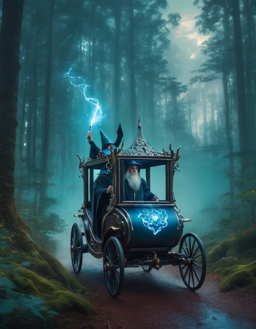 wizard, spellcasting, self-driving carriage, mystical forest, magic, medieval, art