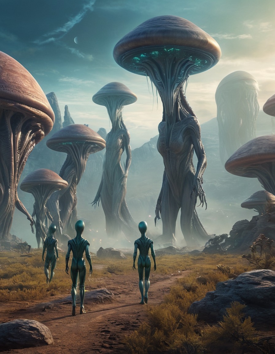 Create a surreal image of alien beings merging with their environment ...