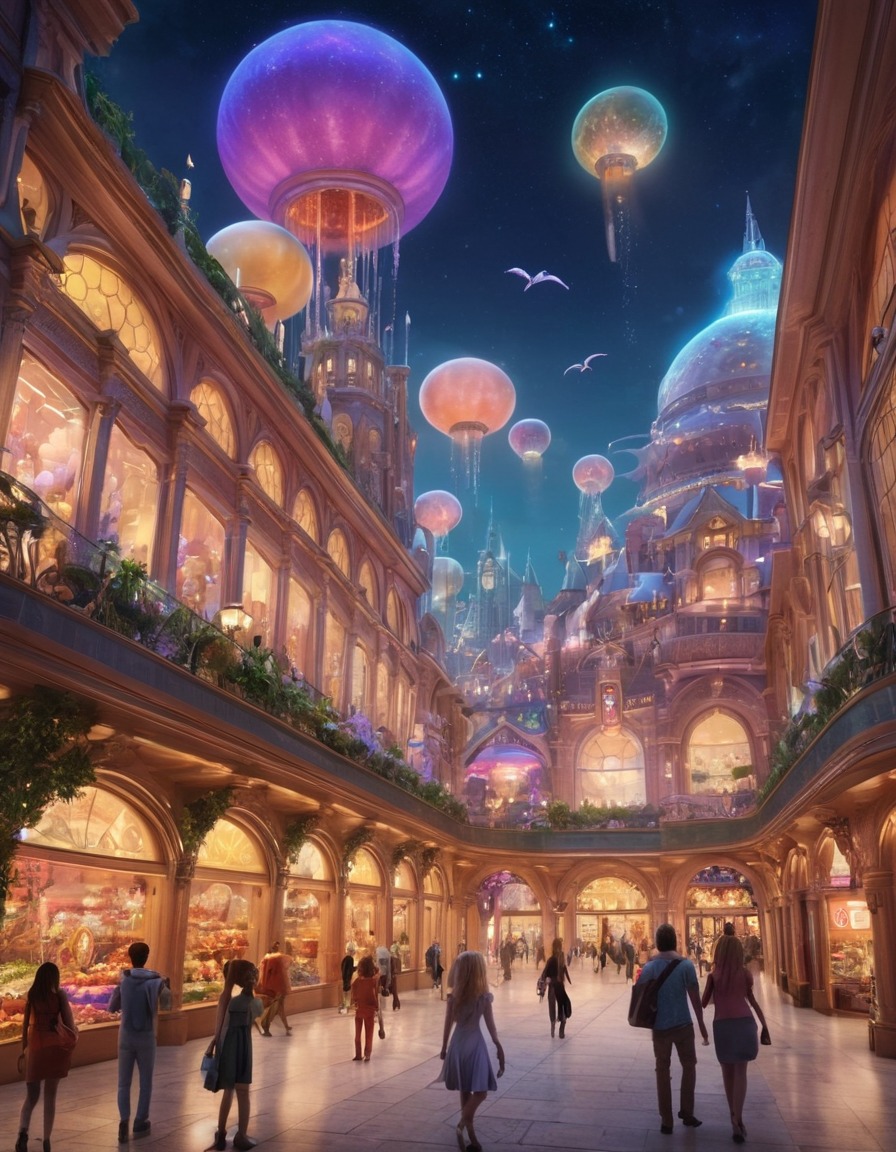 shopping mall, fantasy, fantastic city, fictional creatures, urban fantasy, magical shopping, mythical beings