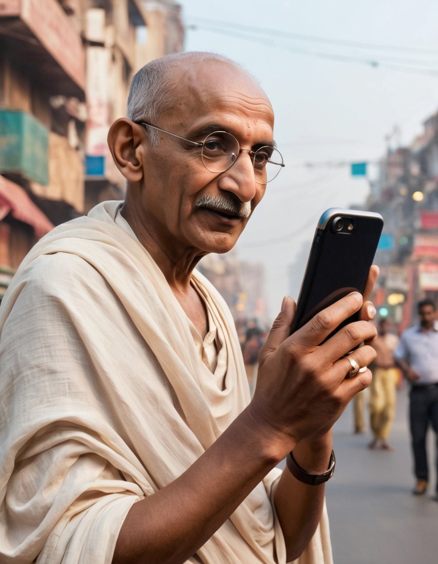 mahatma gandhi, smartphone, busy city street, modern technology, historical figure