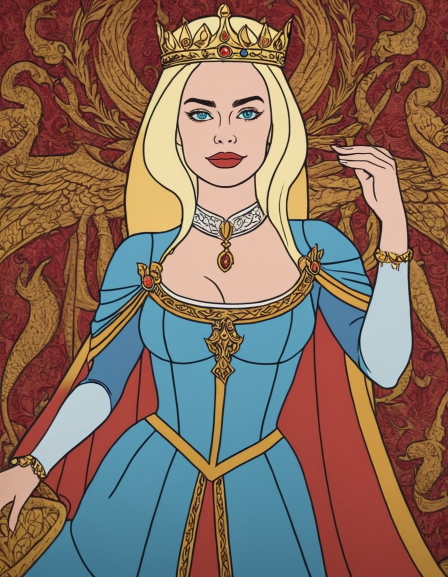 margot robbie, actress, medieval queen, painting, tapestry, mythical creature, fantasy