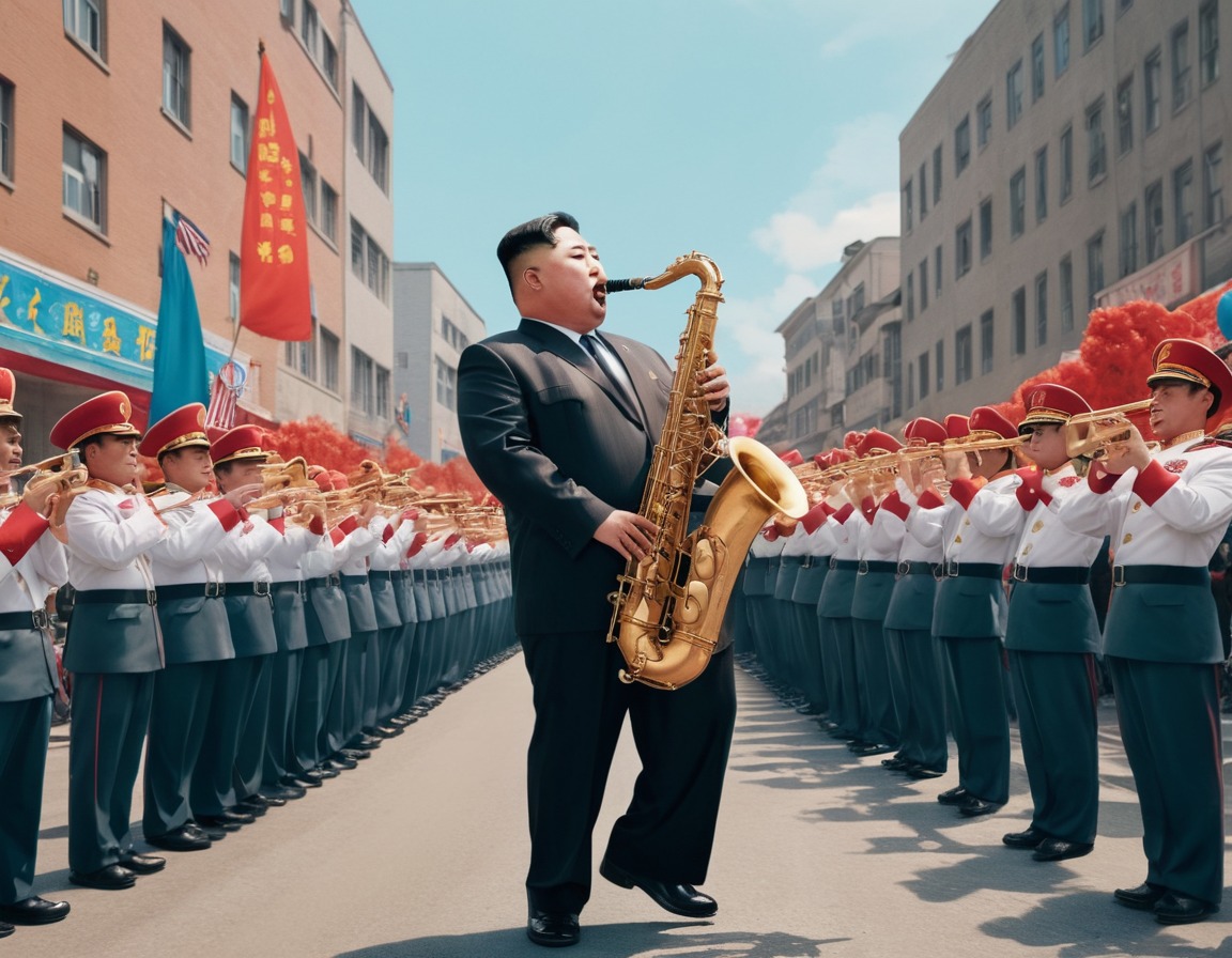 kim jong-un, satire, political humor, north korea, oversized instrument