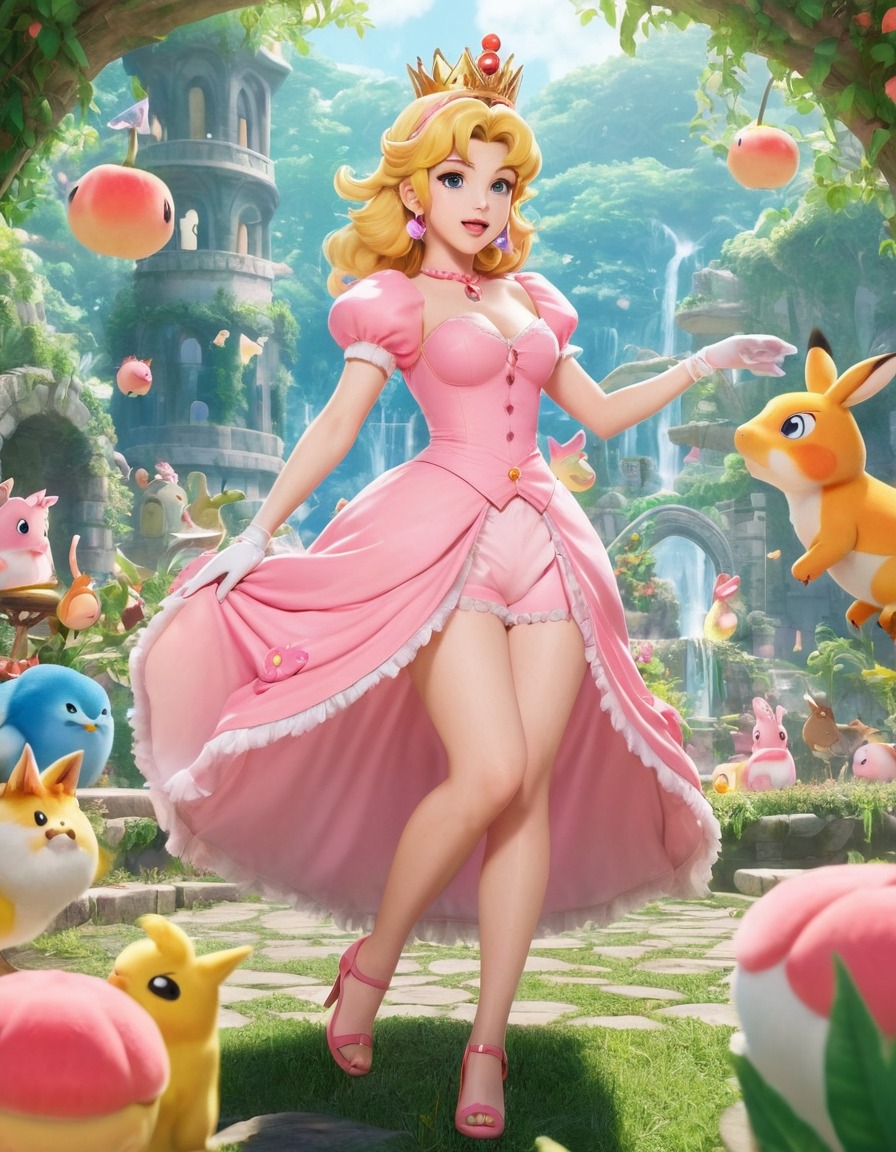 princess peach, magical garden, friendly creatures, fantasy, fairy tale, anime, games