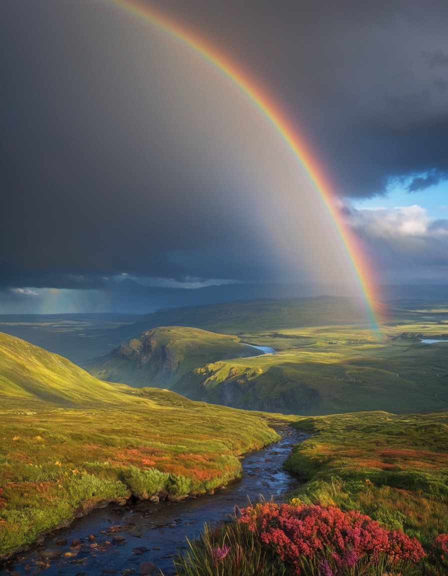 rainbow, landscape, nature, weather, scenery, colorful