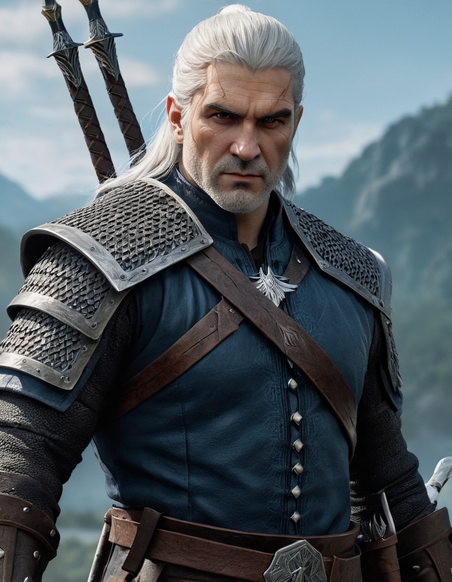 fantasy, geralt of rivia, monster hunter, swords, confident, detailed portrait, computer games