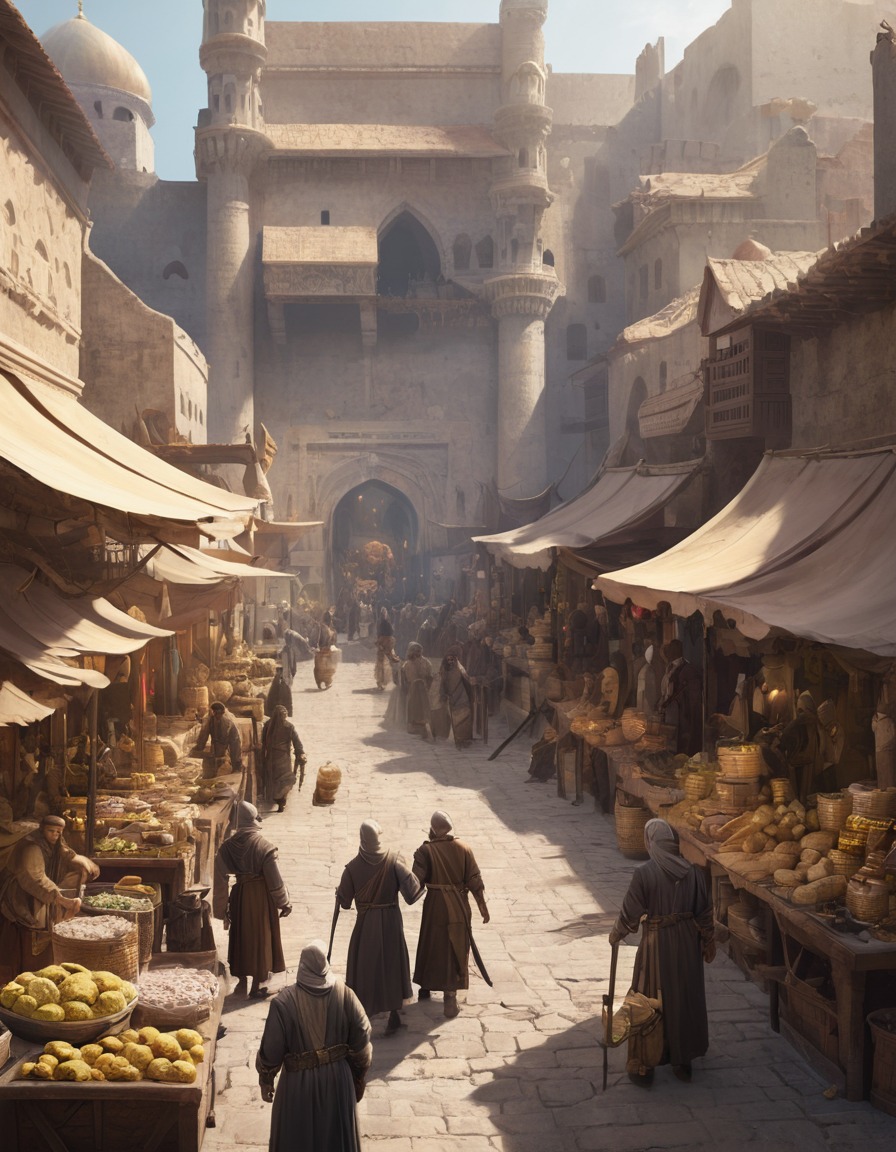 marketplace, bustling, merchants, goods, kingdom, middle ages