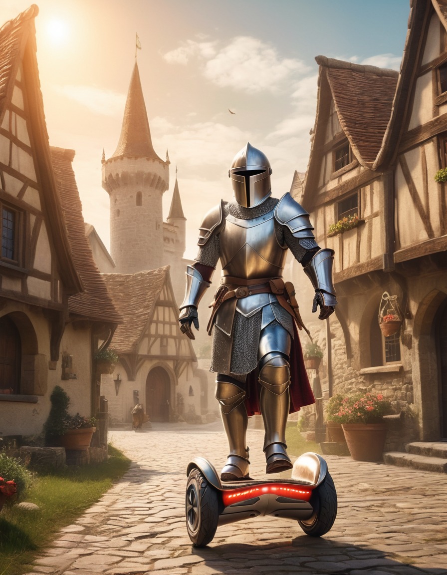 knight, armor, hoverboard, medieval village, fantasy, technology, adventure, medieval, art