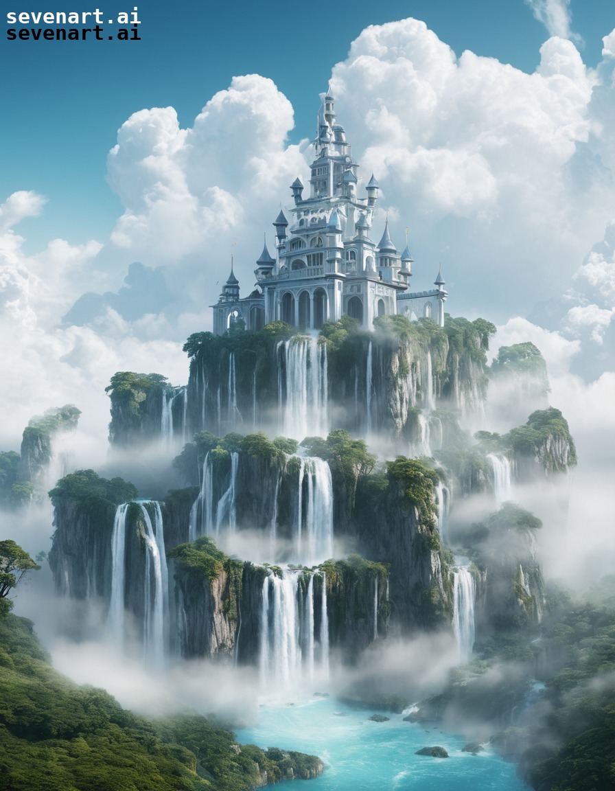 fantasy, palace, clouds, waterfalls