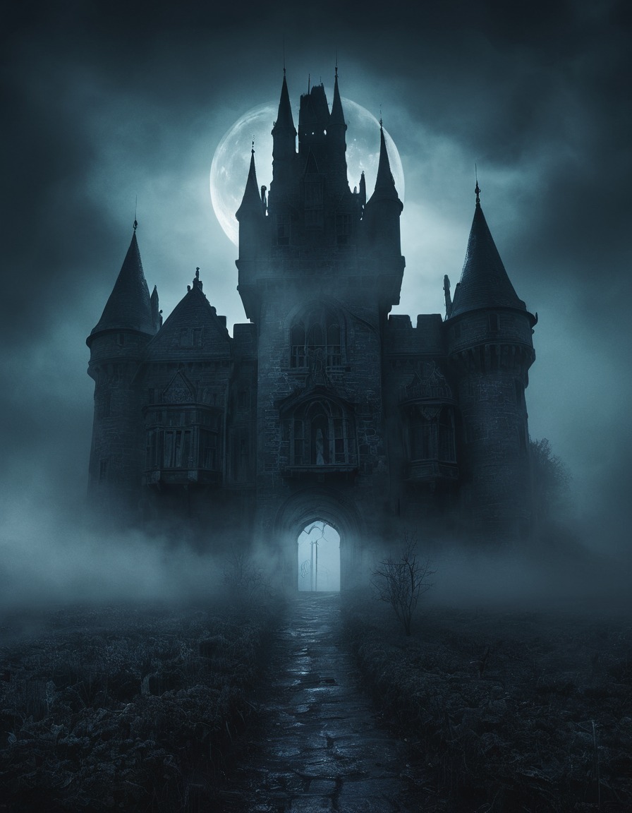 haunted, castle, mist, midnight, gothic, underground, dark