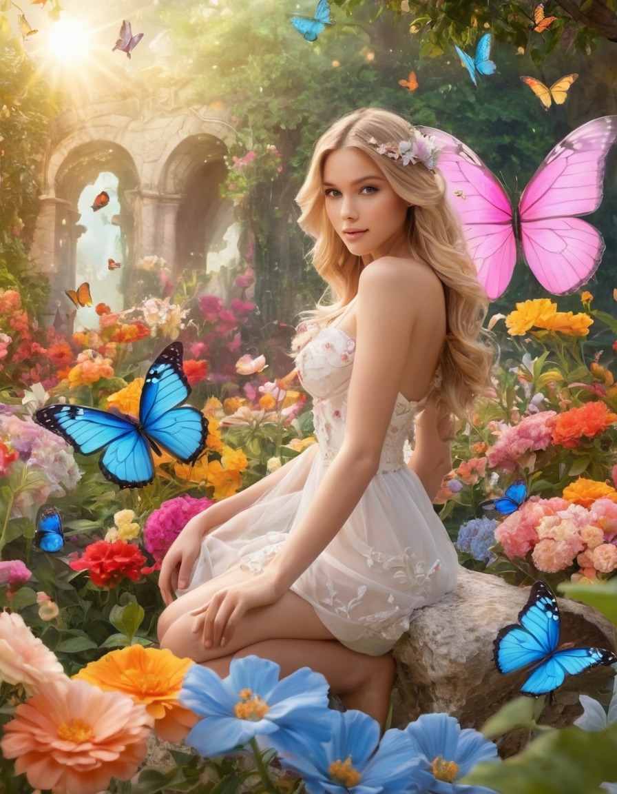 heaven, angels, peaceful garden, blooming flowers, colorful butterflies