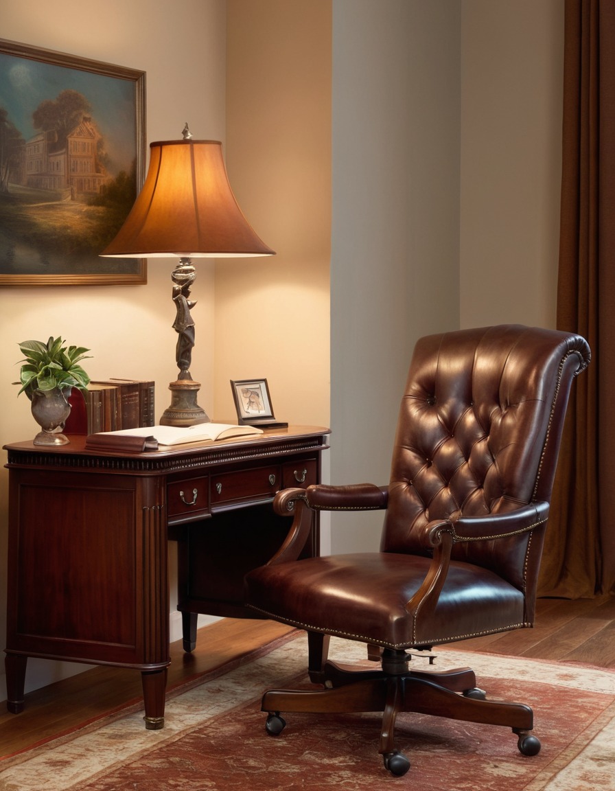 study, mahogany desk, leather armchair, banker's lamp, home, interior